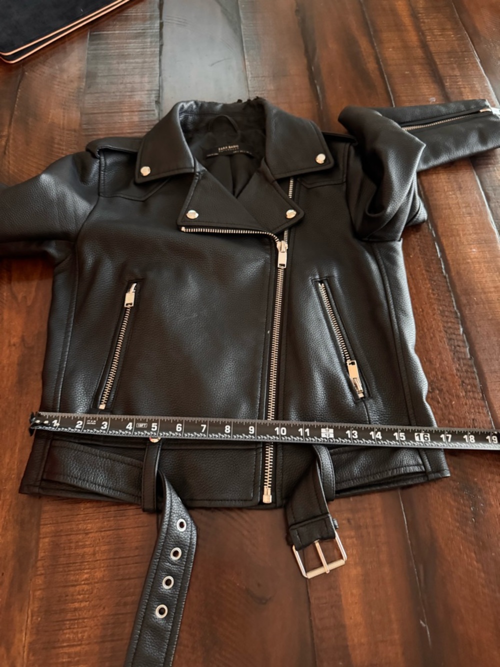 ZARA Basic Faux Leather Moto Jacket Black Belted Biker Style - Picture 8 of 12